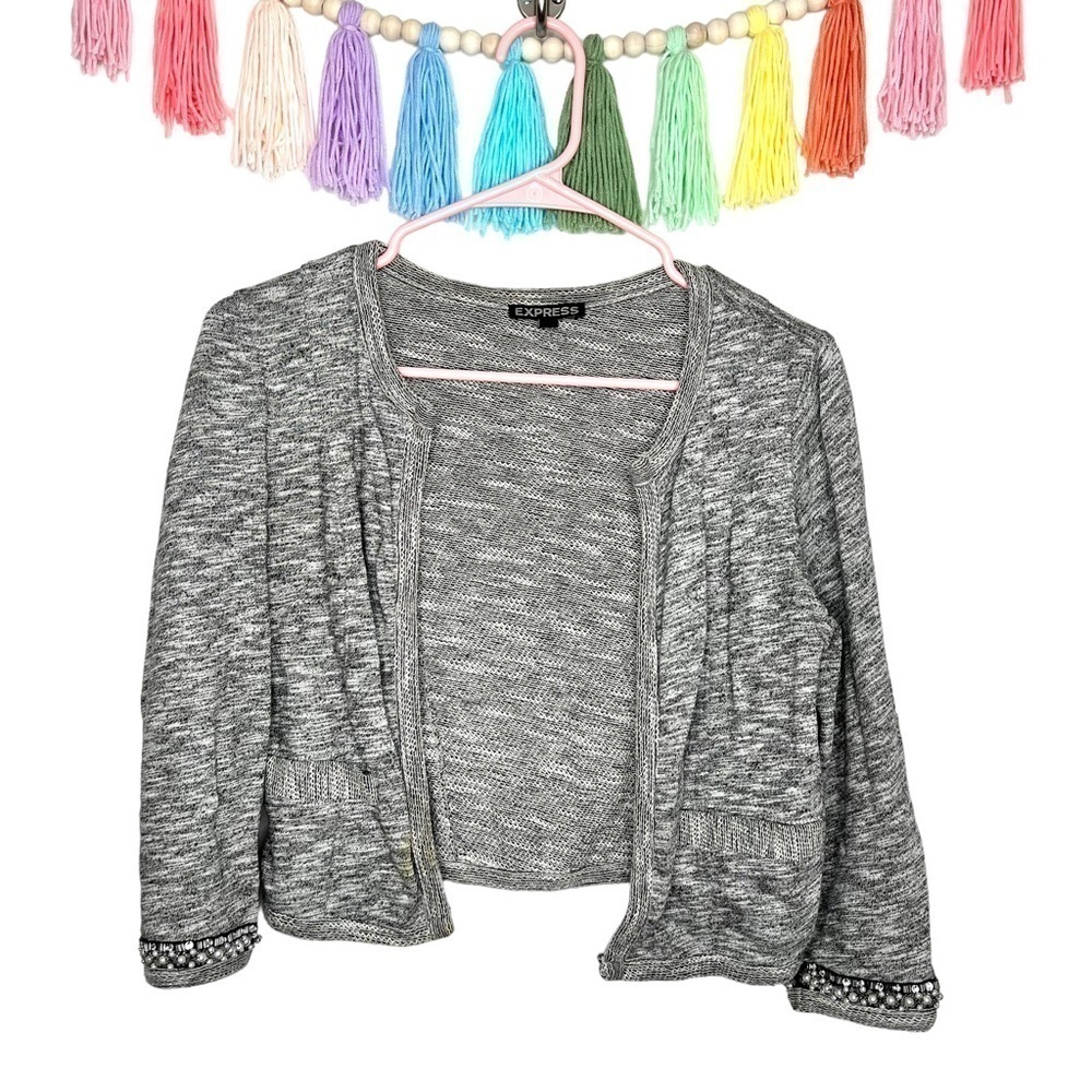 Express Gray Knit Beaded Cropped Cardigan 3/4 Sleeve Blazer Size Extra Small